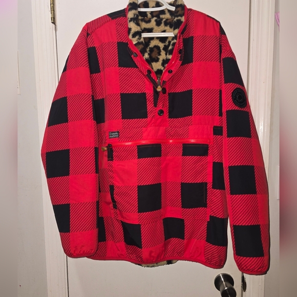 Simply Southern Jackets & Blazers - Simply Southern Collection Reversible Sherpa Fleece/Nylon Red Plaid/Leopard LRG